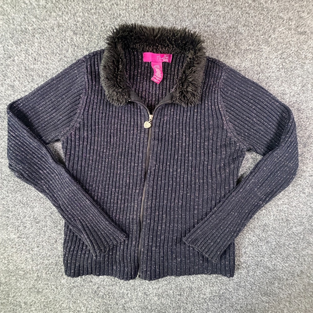 Thalia Sodi Cardigan Sweater Womens‎ L Blue Ribbed Knit Faux Fur Collar Full Zip
